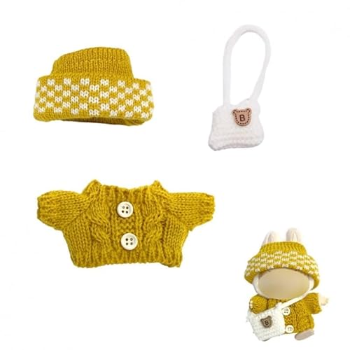 17 cm langes Labubu-Puppen-Kleidungs-Set für 17 cm große Labubu-Zubehör, Anzug für keine Puppe, nur Kleidung (1 gelber Pullover mit Knöpfen + 1 Tasche + 1 Hut) von MINGSOLDIER