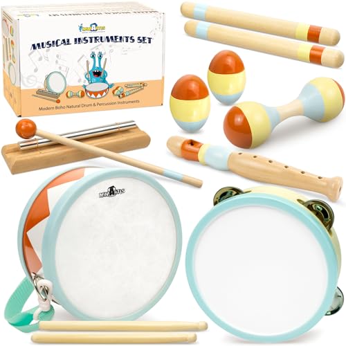 MINIARTIS Musikinstrumente für Kleinkinder, Montessori-Musikspielzeug für Kleinkinder von 1 bis 3 Jahren, modernes Boho-Trommel-Set mit neutralen Farben von MINIARTIS