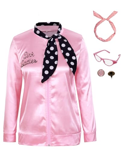 MINIBBYY Satinjacke für Damen, 1950er-Jahre, Rosa, für Halloween, Cosplay, Party, Kostüm mit Halstuch (klein, rosa - 9003) von MINIBBYY