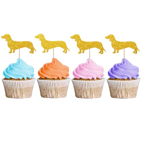 Cupcake-Aufsätze mit Dackel-Motiv, für Welpen, Haustier, Cupcake-Aufsätze, Hundegeburtstags-Cupcake-Picks, Dackel-Haustier-Thema-Party-Dekoration, goldfarbener Glitzer, 24 Stück von MINUET MINUTE
