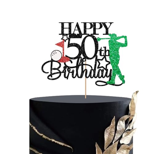 Golf Happy 50th Birthday Cake Topper, Sport Theme 50th Birthday Cake Decor for Men, Golf Enthusiast 50th Party Decoration, Men's 50th Birthday Party Supplies - Black Glitter von MINUET MINUTE