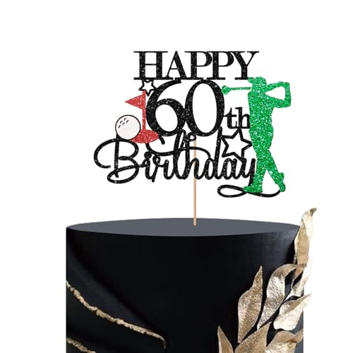 Golf Happy 60th Birthday Cake Topper, Sport Theme 60th Birthday Cake Decor for Men, Golf Enthusiast 60th Party Decoration, Men's 60th Birthday Party Supplies - Black Glitter von MINUET MINUTE
