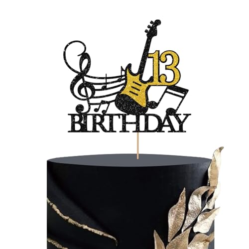 Guitar Happy 13th Birthday Cake Topper, Rock Theme 13th Birthday Cake Decor for Teenager, Guitar Enthusiast 13th Birthday Party Decoration, Music Theme Offical Teenager Party Supplies - Black Glitter von MINUET MINUTE