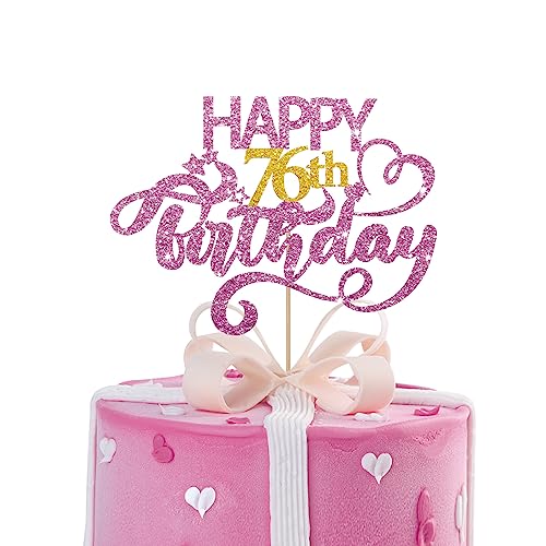 MINUET MINUTE Pink Glitter Happy 76th Birthday Cake Topper 1 x 76 Cake Decor, Gold Number 76, Perfect for Birthday Parties von MINUET MINUTE