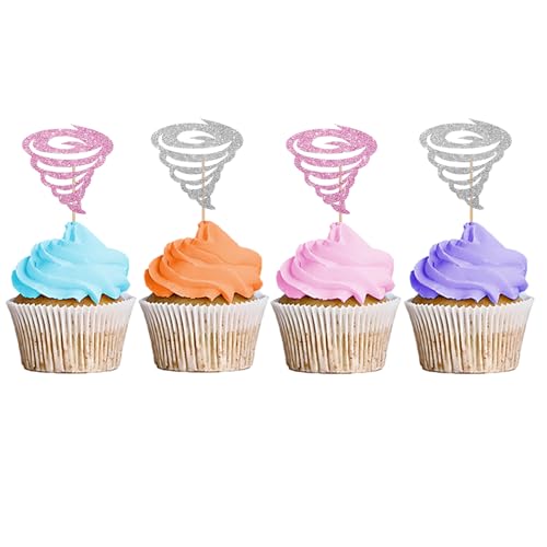 Tornado-Cupcake-Topper, Tornado-Cupcake-Topper für Wetterparty, Fornado-Cupcake-Picker, Tornado-Kuchendekorationen für 2. / 4. Geburtstag, rosa und silberfarben, Glitzer, 24 Stück von MINUET MINUTE