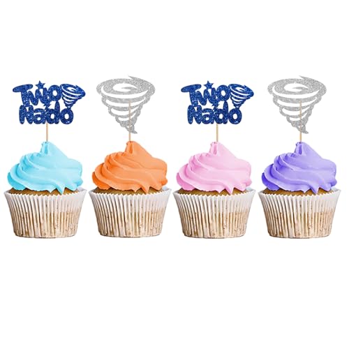 Twonado-Cupcake-Topper, Tornado-Cupcake-Topper für Wetterparty, Twonado-Cupcake-Picker, Tornado-Kuchendekorationen für 2. Geburtstag/Jubiläumsparty – Blau und Silber, Glitzer, 24 Stück von MINUET MINUTE