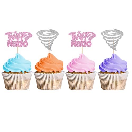 Twonado-Cupcake-Topper, Tornado-Cupcake-Topper für Wetterparty, Twonado-Cupcake-Picker, Tornado-Kuchendekorationen für 2. Geburtstag/Jubiläumsparty – Rosa und Silber, Glitzer, 24 Stück Twonado-Cupcake-Topper, Tornado-Cupcake-Topper für Wetterparty, Twonado-Cupcake-Picker, Tornado-Kuchendekorationen für 2. Geburtstag/Jubiläumsparty – Rosa und Silber, Glitzer, 24 Stück von MINUET MINUTE