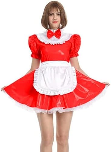 Damen Maid Sexy Kostüme Sissy Kleid Cosplay PVC Französisch Maid Uniform Outfit Rüschen Puffärmel Kostüm Mit Schürze,Rot,3XL von MINUSE