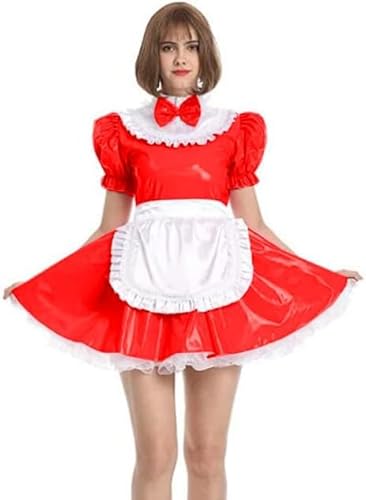 Damen Maid Sexy Kostüme Sissy Kleid Cosplay PVC Französisch Maid Uniform Outfit Rüschen Puffärmel Kostüm Mit Schürze,Rot,3XL von MINUSE