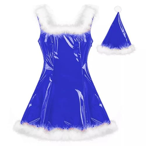 MINUSE 22 Farben Damen Weihnachtsmann Glänzendes Minikleid Ärmelloses PVC-Kleid Sexy Cosplay Kostüm Weihnachtsuniform Mit Hut,Blau,7XL von MINUSE