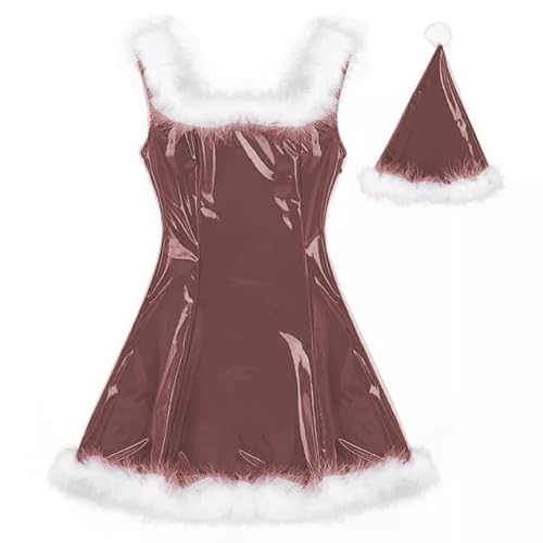MINUSE 22 Farben Damen Weihnachtsmann Glänzendes Minikleid Ärmelloses PVC-Kleid Sexy Cosplay Kostüm Weihnachtsuniform Mit Hut,Dark Red,XXL von MINUSE