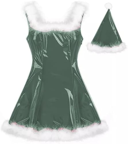 MINUSE 22 Farben Damen Weihnachtsmann Glänzendes Minikleid Ärmelloses PVC-Kleid Sexy Cosplay Kostüm Weihnachtsuniform Mit Hut,Dunkelgrün,6XL von MINUSE