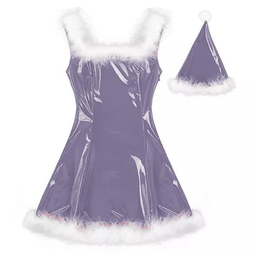 MINUSE 22 Farben Damen Weihnachtsmann Glänzendes Minikleid Ärmelloses PVC-Kleid Sexy Cosplay Kostüm Weihnachtsuniform Mit Hut,Dunkellila,7XL von MINUSE