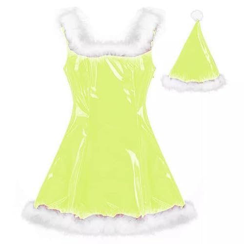 MINUSE 22 Farben Damen Weihnachtsmann Glänzendes Minikleid Ärmelloses PVC-Kleid Sexy Cosplay Kostüm Weihnachtsuniform Mit Hut,Fluoreszenzgrün,6XL von MINUSE