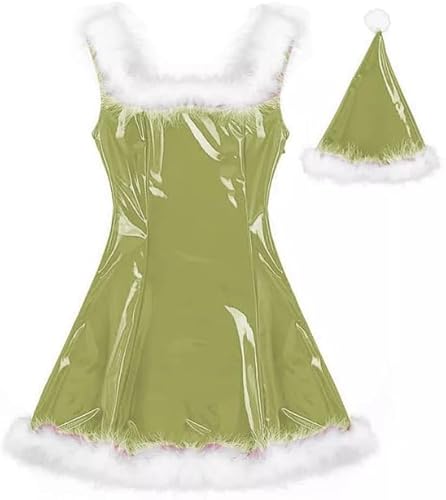 MINUSE 22 Farben Damen Weihnachtsmann Glänzendes Minikleid Ärmelloses PVC-Kleid Sexy Cosplay Kostüm Weihnachtsuniform Mit Hut,Fruchtgrün,7XL von MINUSE