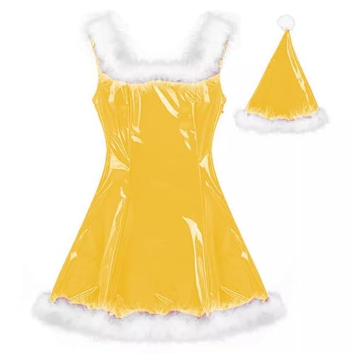 MINUSE 22 Farben Damen Weihnachtsmann Glänzendes Minikleid Ärmelloses PVC-Kleid Sexy Cosplay Kostüm Weihnachtsuniform Mit Hut,Gelb,3XL von MINUSE