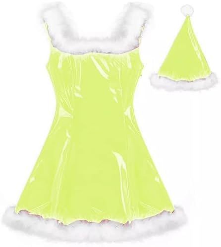 MINUSE 22 Farben Damen Weihnachtsmann Glänzendes Minikleid Ärmelloses PVC-Kleid Sexy Cosplay Kostüm Weihnachtsuniform Mit Hut,Grün,4XL von MINUSE