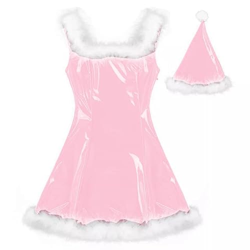 MINUSE 22 Farben Damen Weihnachtsmann Glänzendes Minikleid Ärmelloses PVC-Kleid Sexy Cosplay Kostüm Weihnachtsuniform Mit Hut,Hell-Pink,4XL von MINUSE