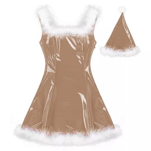 MINUSE 22 Farben Damen Weihnachtsmann Glänzendes Minikleid Ärmelloses PVC-Kleid Sexy Cosplay Kostüm Weihnachtsuniform Mit Hut,Hellbraun,5XL von MINUSE