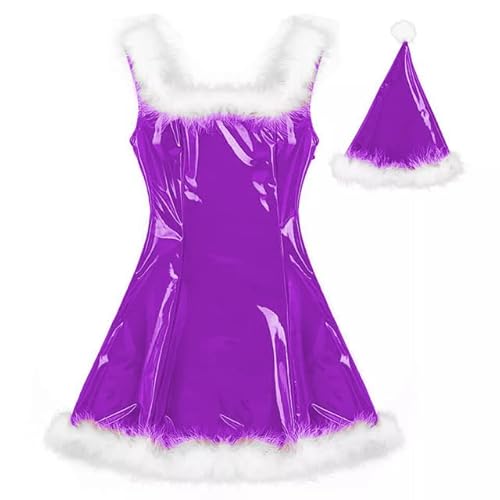MINUSE 22 Farben Damen Weihnachtsmann Glänzendes Minikleid Ärmelloses PVC-Kleid Sexy Cosplay Kostüm Weihnachtsuniform Mit Hut,Lila,5XL von MINUSE