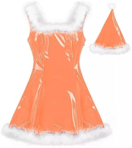 MINUSE 22 Farben Damen Weihnachtsmann Glänzendes Minikleid Ärmelloses PVC-Kleid Sexy Cosplay Kostüm Weihnachtsuniform Mit Hut,Orange,3XL von MINUSE