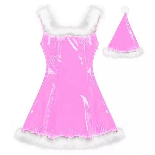 MINUSE 22 Farben Damen Weihnachtsmann Glänzendes Minikleid Ärmelloses PVC-Kleid Sexy Cosplay Kostüm Weihnachtsuniform Mit Hut,Rosa,3XL von MINUSE
