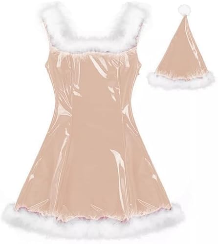 MINUSE 22 Farben Damen Weihnachtsmann Glänzendes Minikleid Ärmelloses PVC-Kleid Sexy Cosplay Kostüm Weihnachtsuniform Mit Hut,Roségold,5XL von MINUSE