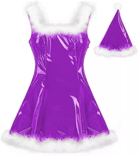MINUSE 22 Farben Damen Weihnachtsmann Glänzendes Minikleid Ärmelloses PVC-Kleid Sexy Cosplay Kostüm Weihnachtsuniform Mit Hut,Rosenviolett,4XL von MINUSE