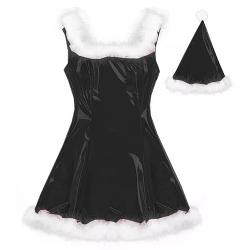 MINUSE 22 Farben Damen Weihnachtsmann Glänzendes Minikleid Ärmelloses PVC-Kleid Sexy Cosplay Kostüm Weihnachtsuniform Mit Hut,Schwarz,3XL von MINUSE