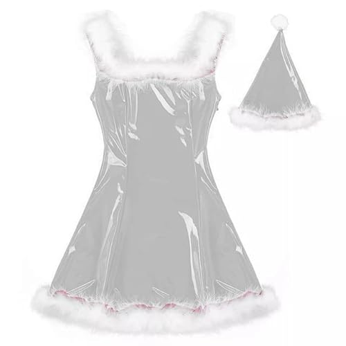 MINUSE 22 Farben Damen Weihnachtsmann Glänzendes Minikleid Ärmelloses PVC-Kleid Sexy Cosplay Kostüm Weihnachtsuniform Mit Hut,Silber,7XL von MINUSE