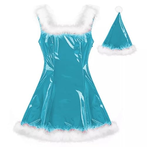 MINUSE 22 Farben Damen Weihnachtsmann Glänzendes Minikleid Ärmelloses PVC-Kleid Sexy Cosplay Kostüm Weihnachtsuniform Mit Hut,blauer See,4XL von MINUSE