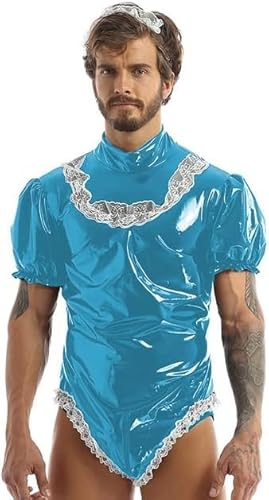 MINUSE Bodysuit Latex Wet Look PVC Herren Lolita Puff Kurzarm Maid Cosplay Kostüm Overall,Blau,S von MINUSE