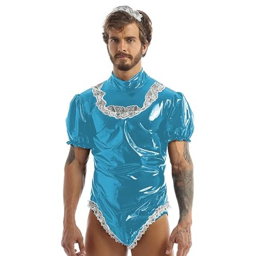 MINUSE Bodysuit Latex Wet Look PVC Herren Lolita Puff Kurzarm Maid Cosplay Kostüm Overall,blauer See,XXL von MINUSE