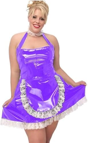 MINUSE Dienstmädchen-Erotik-Leder-Minikleid-Outfit, 3-teiliges Set, Cosplay, Sissy-Kleid, Wetlook, PVC, Ärmellos, Clubwear Mit Schürze Und Halskette,Lila,XS von MINUSE