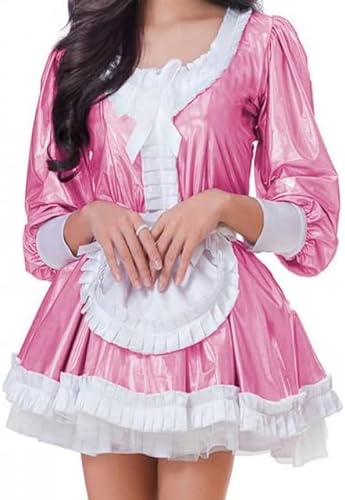 MINUSE Frauen Langarm Glänzendes Kleid Bühne Zeigen Farbe Clubwear Französisch Maid Kostüm Uniform Lolita Kleidung,Lotuswurzelrosa,7XL von MINUSE