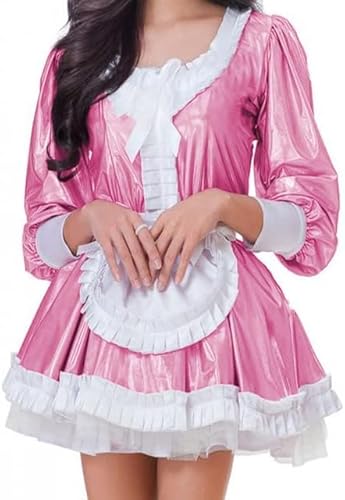 MINUSE Frauen Langarm Glänzendes Kleid Bühne Zeigen Farbe Clubwear Französisch Maid Kostüm Uniform Lolita Kleidung,Lotuswurzelrosa,7XL von MINUSE