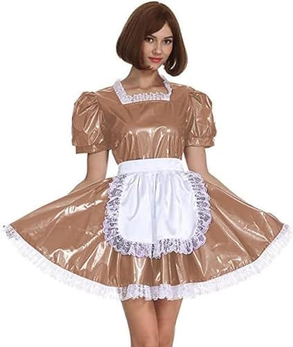 MINUSE Frauen PVC Maid Cosplay Kostüm Kurzarm Retro Maid Lolita Kleid Französisch Outfit Mit Schürze,Hellbraun,5XL von MINUSE