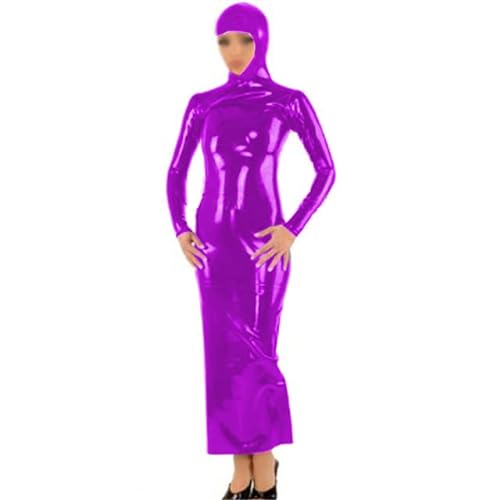 MINUSE Langärmliges, Knöchellanges Kleid Mit Kapuze Für Damen, Halloween, Cosplay, Party, Kostüm, Neuheit, PVC, Figurbetontes Kleid,Rosenviolett,3XL von MINUSE