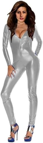 MINUSE Leder-Catsuit Für Damen, Sexy, Tiefer V-Ausschnitt, Lange Ärmel, Figurbetont, Exotisches Cosplay-Kostüm, Pole Dance, Clubwear,Silber,S von MINUSE