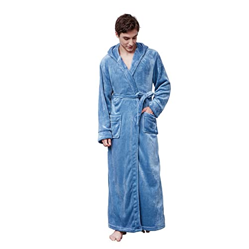 MINUSE Paar Korallen Fleece Lange Robe Winter Mit Kapuze Nachtwäsche Warme Dicke Bademantel Kleid Paar Nachtwäsche Korallen Fleece Kimono Kleid,Blaue Männer,XL von MINUSE