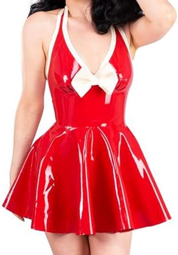 MINUSE Rot Mit Weißen Sexy Neckholder-Latex-Kleidschleifen Ohne Reißverschluss, Figurbetonter Gummi-Playsuit,Freiwählbare Farbe,S von MINUSE