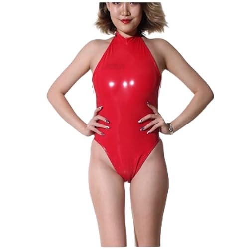 MINUSE Sex Appeal Sexy Frauen Neckholder Rückenfreier Bodysuit Damen Body Shaping Latex Catsuit-Rot,Rot,M von MINUSE