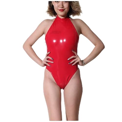 MINUSE Sex Appeal Sexy Frauen Neckholder Rückenfreier Bodysuit Damen Body Shaping Latex Catsuit-Rot,Rot,XL von MINUSE