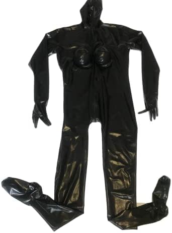 MINUSE Sexy Schwarzer Latex-Ganzbodysuit, Catsuit, Kapuze, Handschuhe, Socken, Tasche Für Silikonbrust,Schwarz (weiblich),XL von MINUSE