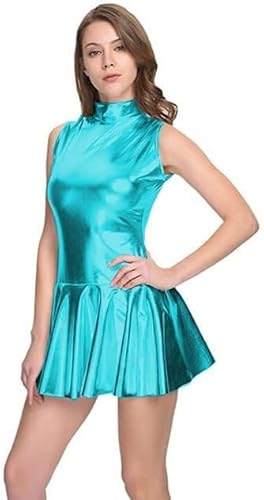 Wet Look Shiny PU Latex Mini Kleid Ärmellose Sommer Frauen Rollkragen A-Line Bodycon Femme Streetwear Mini Casual Kleid,Himmelblau,M von MINUSE