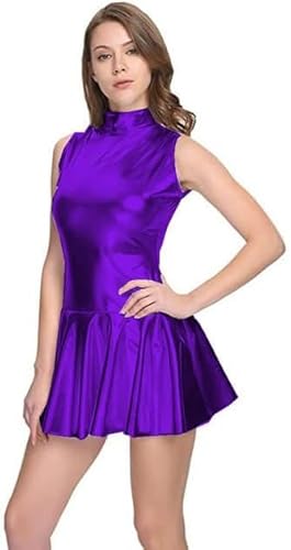 Wet Look Shiny PU Latex Mini Kleid Ärmellose Sommer Frauen Rollkragen A-Line Bodycon Femme Streetwear Mini Casual Kleid,Lila,4XL von MINUSE