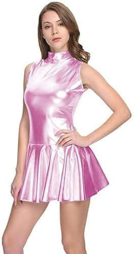 Wet Look Shiny PU Latex Mini Kleid Ärmellose Sommer Frauen Rollkragen A-Line Bodycon Femme Streetwear Mini Casual Kleid,Rosa,XS von MINUSE