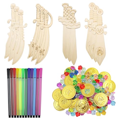 MIPIACE Goldmünzen Piratenschatz Set Goldtaler Piratenschatz mit 30 Goldmünzen Kinder 95-100Acryl Edelsteine 12 Piraten Schwert 12 Farbige Stifte Kinder Piraten Edelsteine für Schatzsuche Piratenparty von MIPIACE