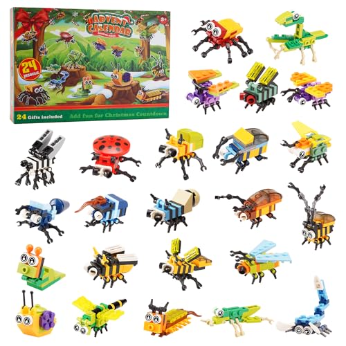 MISINI Tier Insekten Serie Mini Klemmbausteine Technik,MOC kreatives STEM Spielzeug Modellset Weihnachtsspielzeuggeschenke für Kinder und Mädchen,insgesamt 24 Insekten-Baustein Adventskalender 2023 von MISINI