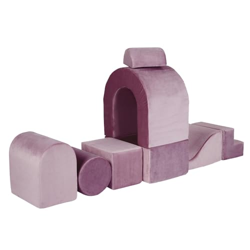 MISIOO Schaumstoff-Spielplatz für Kinder, 8-teiliges Indoor Kletter- & Motorik-Set – Softbausteine mit Veloursbezug: Haus, Bogen, Welle, Kuppel, Würfel, Brücke, Stufe von MISIOO